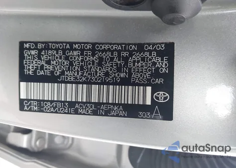 2003 Toyota Camry Le из США, поврежденный, VIN JTDBE32K730219519